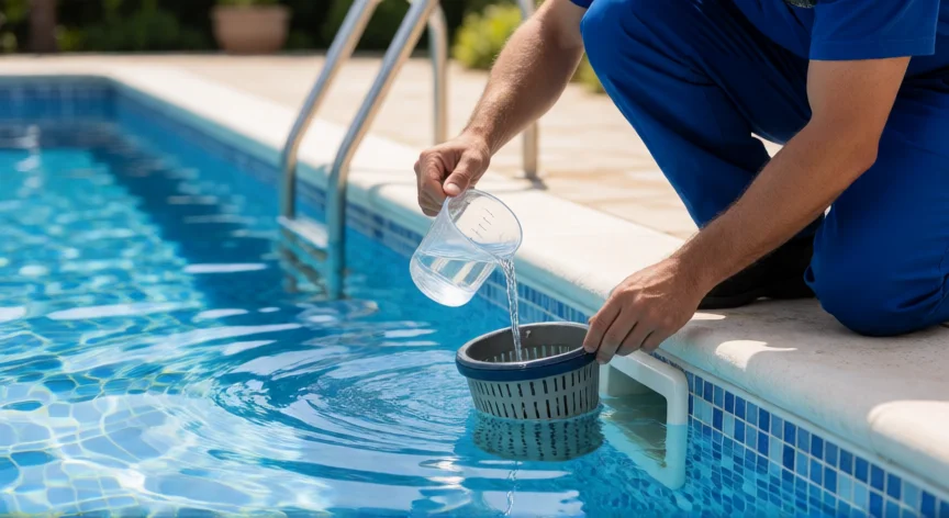 como aumentar o disminuir el ph del agua, Técnico ajustando el pH de una piscina añadiendo producto corrector en la skimmer