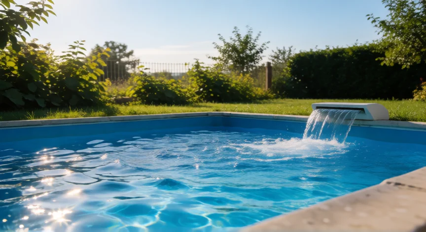 como aumentar o ph da piscina naturalmente, Piscina ao ar livre com cascata aerando a água sob o sol da tarde