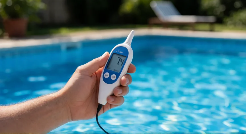 como aumentar o ph da piscina naturalmente, Medição do pH da piscina com medidor digital mostrando 7,4