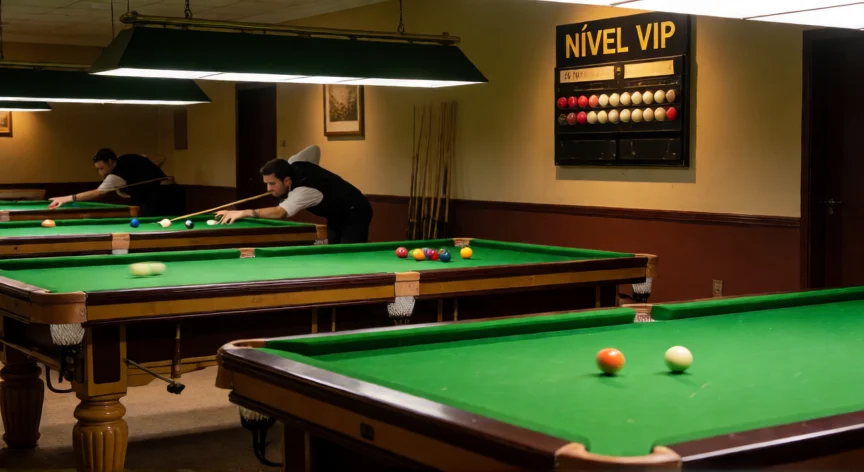 como aumentar o vip no 8 ball pool, Salão de bilhar com placar mostrando nível VIP e jogadores em partida