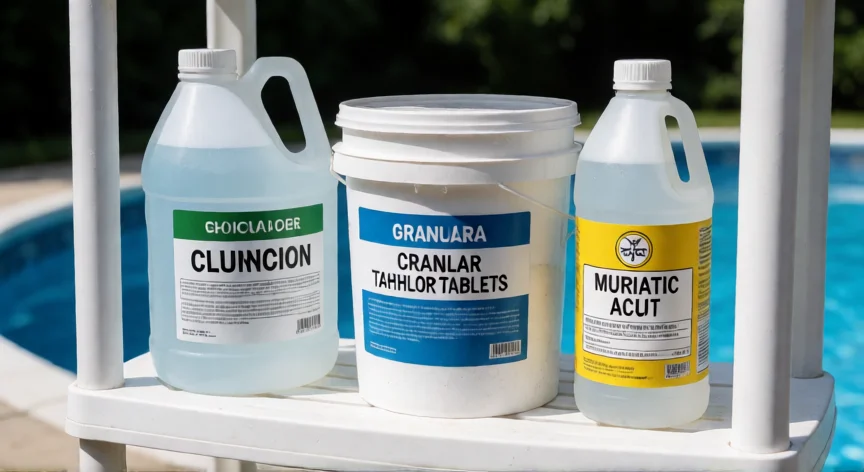 como aumentar orp piscina, Bóveda de productos químicos para piscina: cloro líquido, tricloro granulado y ácido