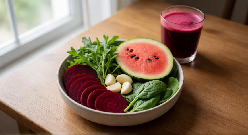 como aumentar oxido nitrico, Bowl de alimentos ricos en nitrato: remolacha, rúcula, sandía y ajo para aumentar el óxido nítrico