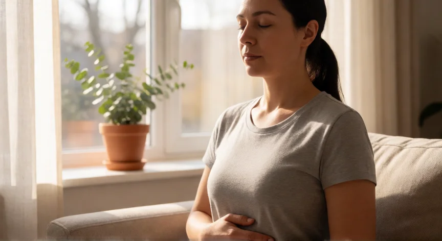 como aumentar oxigeno en sangre, Mujer practicando respiración diafragmática en un salón luminoso con luz natural
