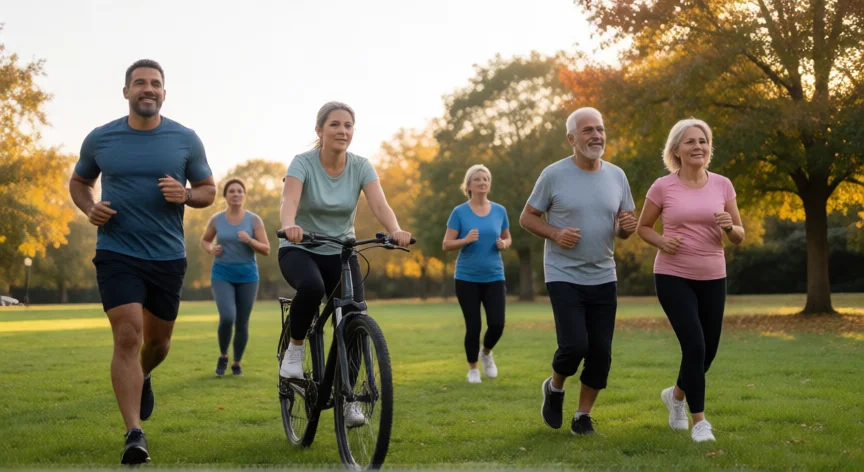 como aumentar oxigeno en sangre, Grupo de personas haciendo ejercicio aeróbico en un parque al atardecer