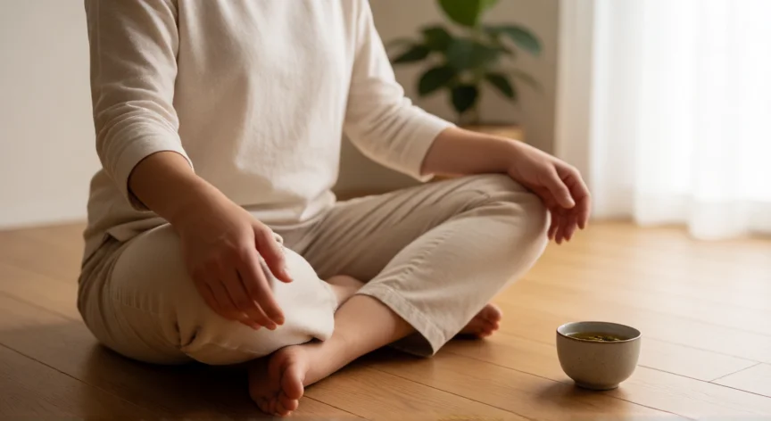 como aumentar oxitocina, Persona meditando en postura de loto en una habitación tranquila