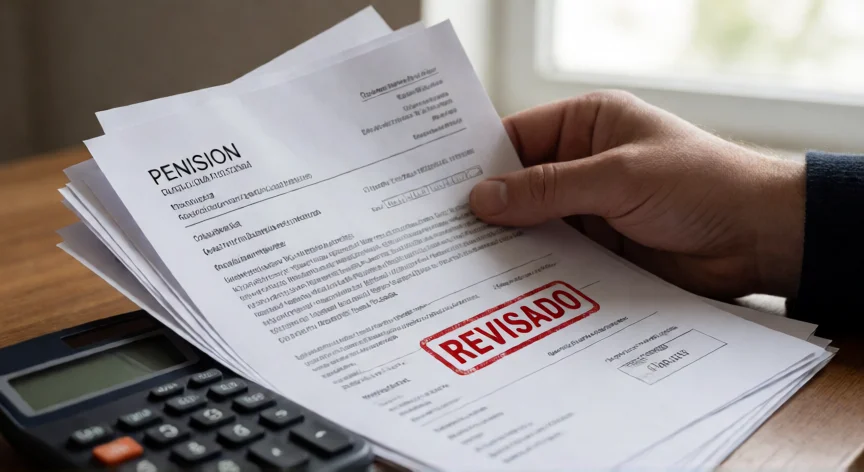 como aumentar pension ley 97, Manos con documentos de revisión de pensión y sello oficial