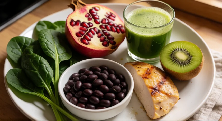 como aumentar plaquetas, Plato con espinacas, granada, legumbres y jugo de hoja de papaya para aumentar plaquetas