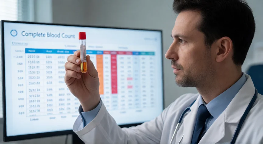 como aumentar plaquetas, Médico analizando un tubo de sangre con resultados de recuento plaquetario en clínica