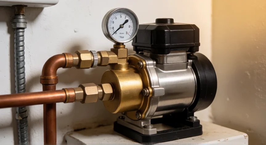 como aumentar presión de agua en casa, Bomba de refuerzo de agua instalada en la entrada de la instalación con manómetro