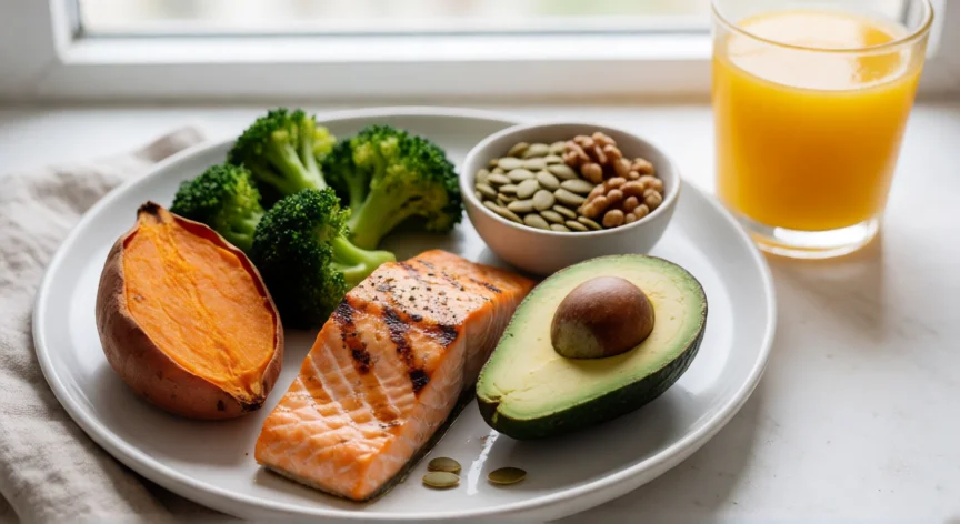 como aumentar progesterona, Plato con alimentos ricos en micronutrientes para apoyar la síntesis de progesterona