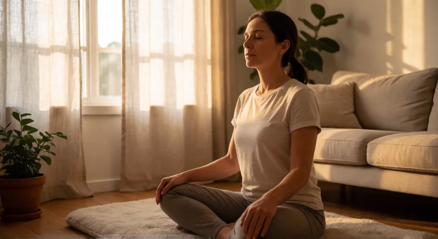 como aumentar progesterona, Mujer practicando respiración diafragmática para reducir el cortisol y favorecer la progesterona