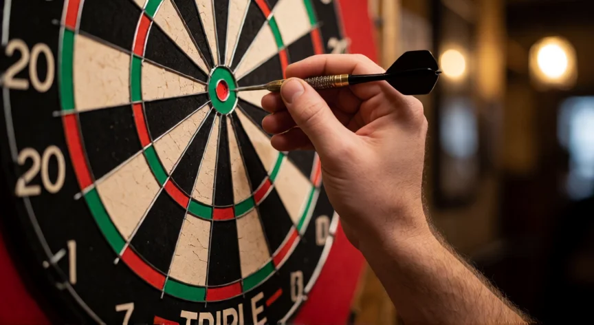 como aumentar puntos en los extremos, Jugador de dardos lanzando hacia la zona triple 20 en el extremo del tablero