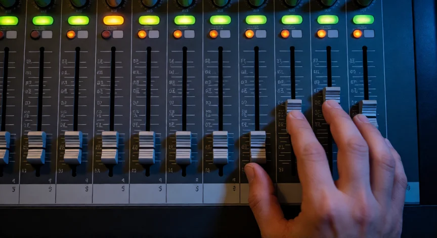 como aumentar puntos en los extremos, Mano subiendo el fader al extremo derecho en una consola de mezcla de audio