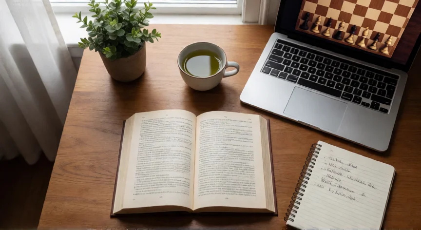 como aumentar qi, Mesa de estudio con libro, ajedrez y notas como ejemplo de estimulación intelectual diaria