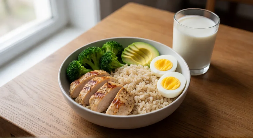 como aumentar quadril, Comida saludable con proteína y carbohidratos para ganar masa muscular en cuádriceps