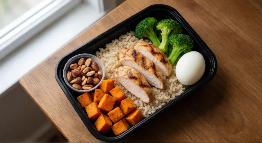 como aumentar quadril rápido, Comida alta en proteína con pollo, arroz, boniato y verduras para ganar masa muscular