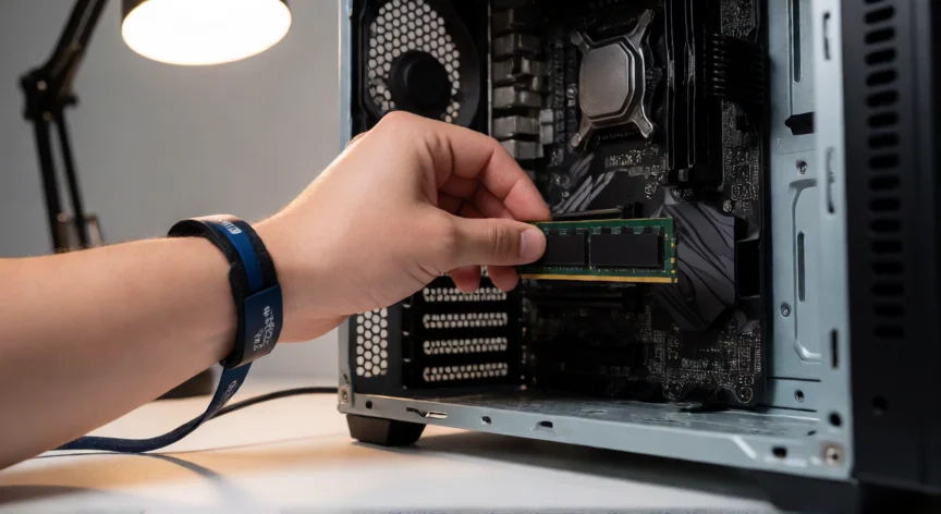 como aumentar ram pc, Manos instalando un módulo de RAM DDR4 en la placa base de un PC de sobremesa