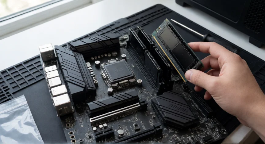 como aumentar ram pc, Placa base con slots de RAM y un módulo nuevo listo para instalar sobre una alfombrilla antiestática