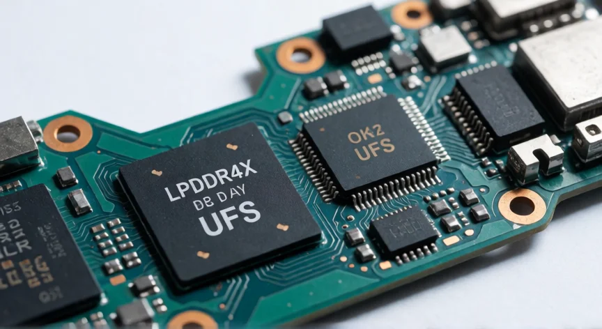 como aumentar ram xiaomi 14c, Placa base de un smartphone con chip RAM LPDDR4X soldado, sin ranura para ampliar memoria físicamente