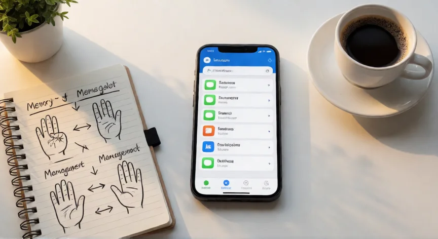 como aumentar ram xiaomi, Vista cenital de un escritorio con teléfono mostrando gestor de tareas y notas sobre gestión de memoria