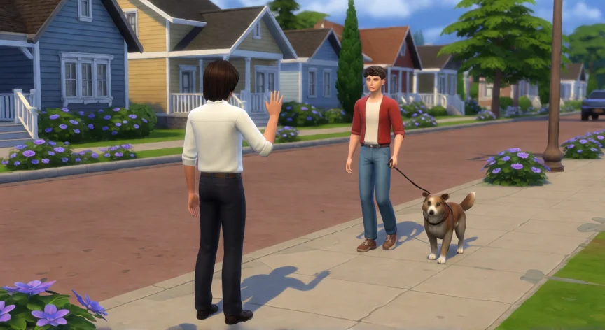 como aumentar relaciones sims 4, Sim saludando a un vecino en la acera del barrio en The Sims 4