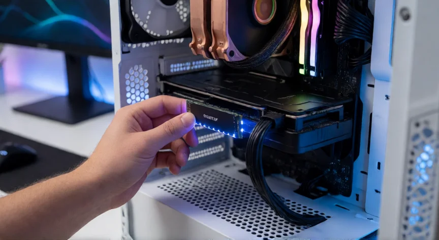 como aumentar rendimiento pc, Interior de un PC con SSD NVMe, RAM y disipador de CPU visibles
