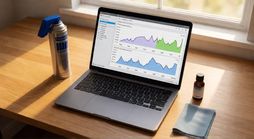 como aumentar rendimiento pc, Mesa de trabajo con portátil mostrando el administrador de tareas y herramientas de mantenimiento