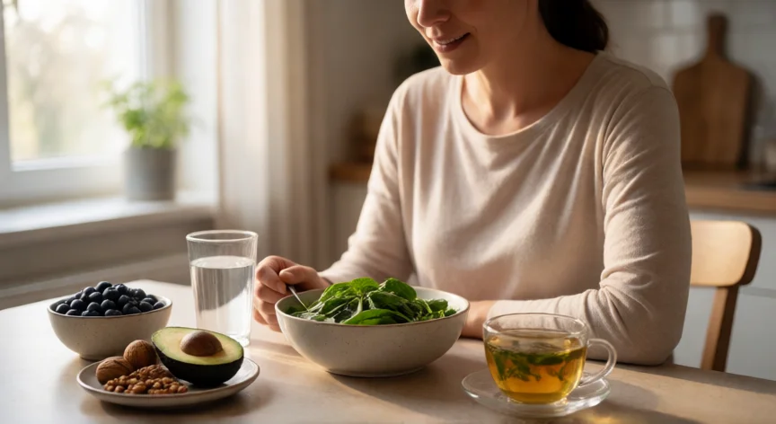 como aumentar reserva ovarica, Mujer rodeada de alimentos saludables sobre la mesa para cuidar la salud ovárica