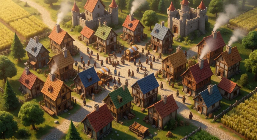 como aumentar residentes en kingshot, Vista aérea de un pueblo medieval en Kingshot con casas, granjas y mercado activo