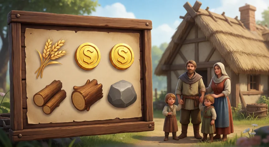como aumentar residentes en kingshot, Panel de recursos y una familia de residentes frente a su casa en Kingshot