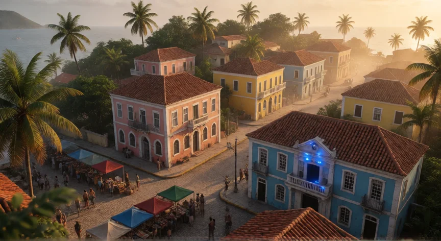 como aumentar revolucionarios tropico 6, Vista aérea de una isla tropical con infraestructura y estación de policía en Tropico 6