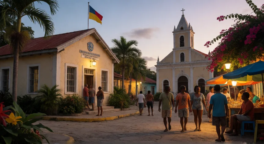 como aumentar revolucionarios tropico 6, Plaza principal de una ciudad caribeña al atardecer con ciudadanos y edificios públicos