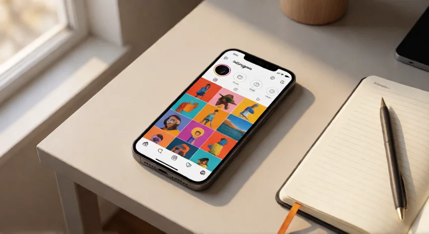 como aumentar seguidores en instagram, Smartphone mostrando perfil de Instagram en escritorio minimalista con luz natural