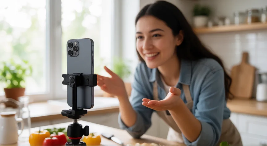 como aumentar seguidores en instagram, Creadora de contenido grabando un Reel en su cocina con luz natural