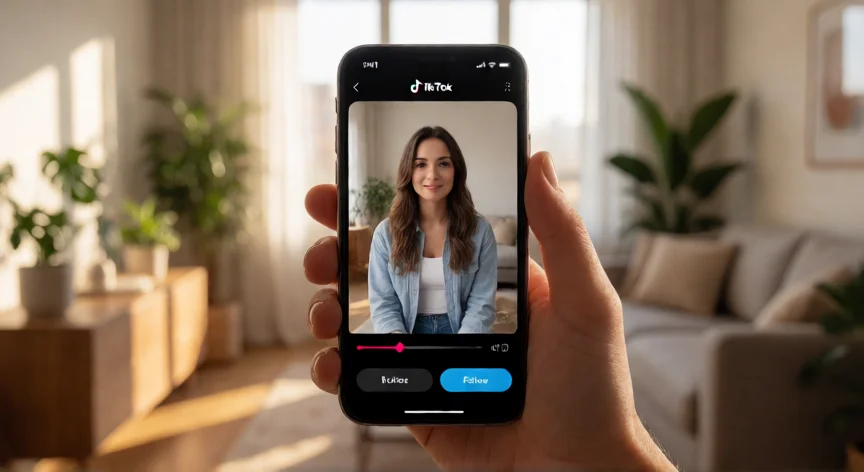 como aumentar seguidores en tik tok, Mano sosteniendo un móvil con la app de TikTok abierta mostrando un vídeo en reproducción