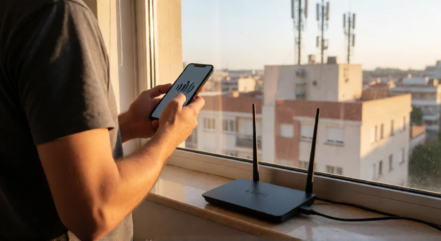 como aumentar señal 4g, Persona junto a ventana con router 4G y antena externa en piso alto