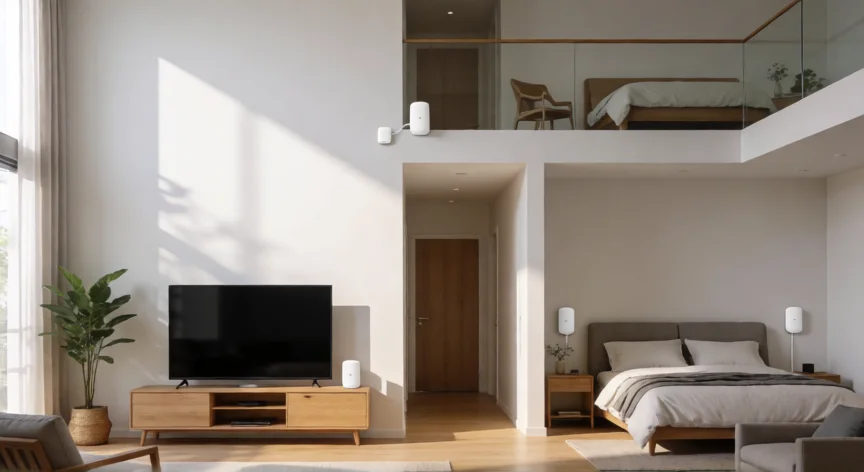 como aumentar señal wifi en casa, Sistema Mesh de tres nodos distribuidos en una vivienda de dos plantas