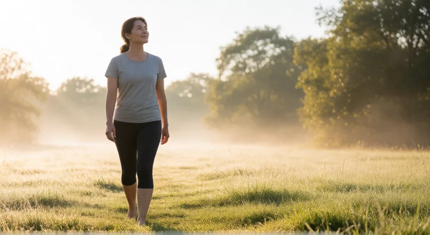 como aumentar serotonina naturalmente, Persona caminando en la naturaleza al amanecer para exposición a luz solar y ejercicio