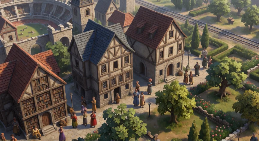 como aumentar servicios en civilization 6, Calle medieval con edificios de servicios: biblioteca, hospital y estadio en Civ 6