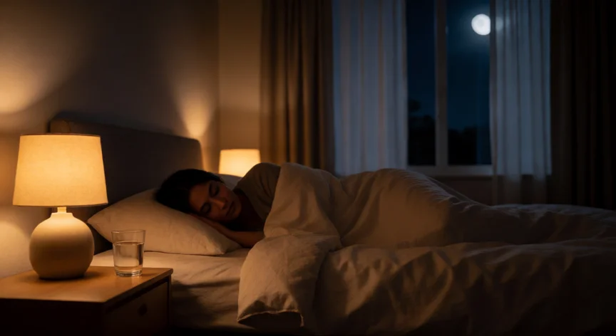 como aumentar sueño profundo, Dormitorio oscuro y fresco con persona durmiendo en fase de sueño profundo