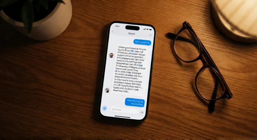 como aumentar tamaño letra iphone, iPhone sobre escritorio con texto grande en la app Mensajes y gafas de lectura al lado