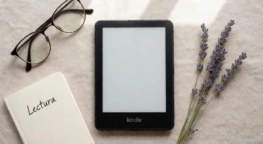 como aumentar tamaño letra kindle, Vista cenital de un Kindle Paperwhite junto a gafas de lectura y un cuaderno sobre mantel de lino