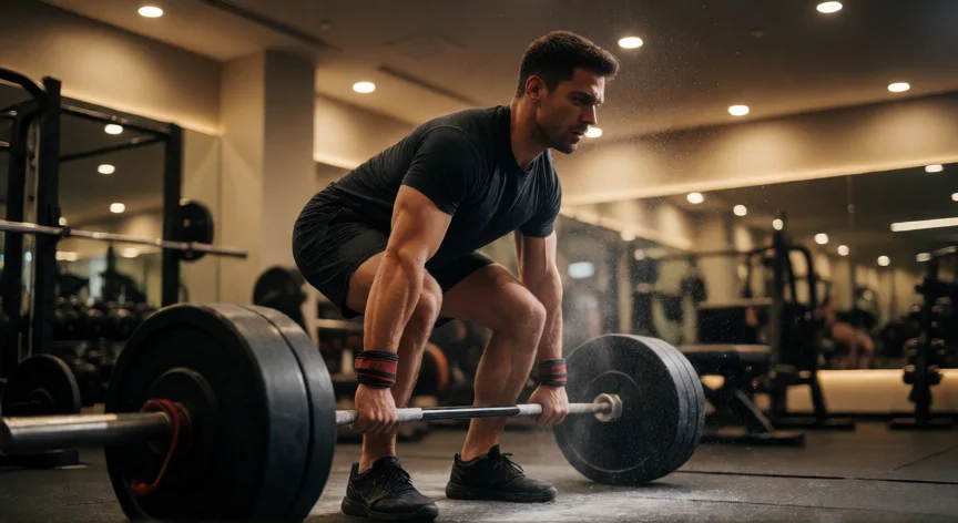 como aumentar testosterona, Hombre realizando peso muerto con barra en un gimnasio moderno
