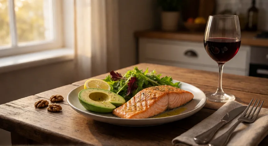 como aumentar testosterona, Plato saludable con salmón, aguacate y frutos secos para apoyar producción hormonal