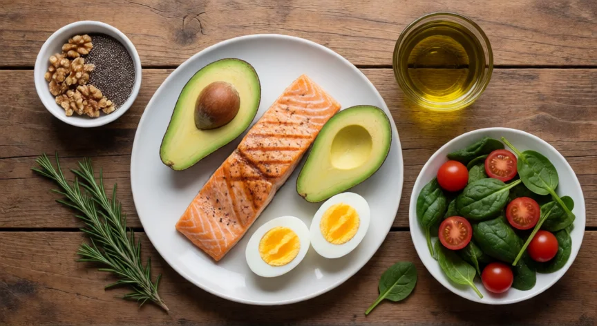 como aumentar testosterona hombre, Plato saludable con salmón, aguacate, huevos y frutos secos para apoyar la producción de testosterona