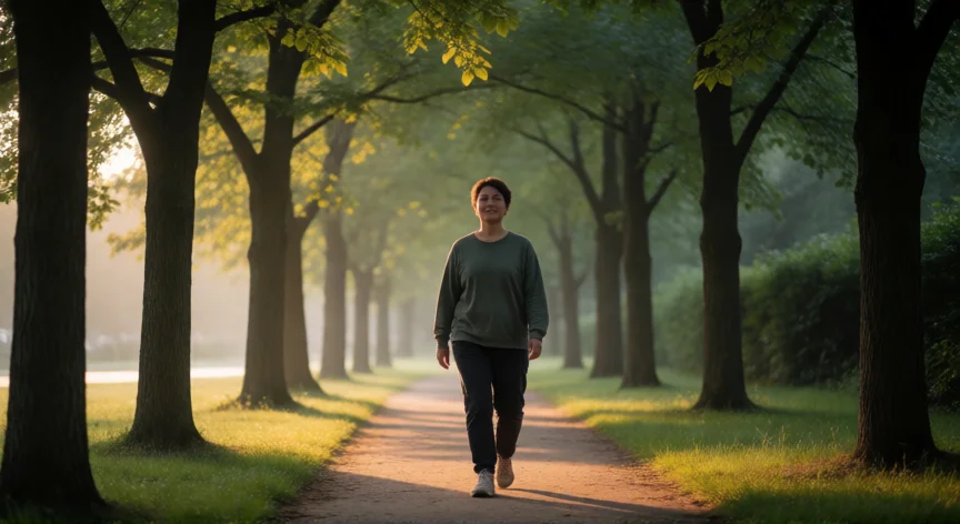 como aumentar tu autoestima en 7 pasos, Persona caminando con seguridad por un sendero en un parque al amanecer
