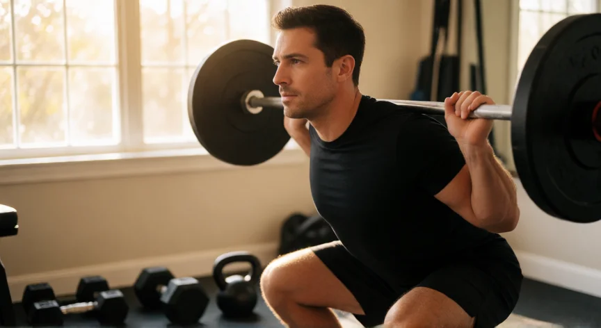como aumentar tu testosterona, Hombre realizando sentadillas con barra en un gimnasio casero