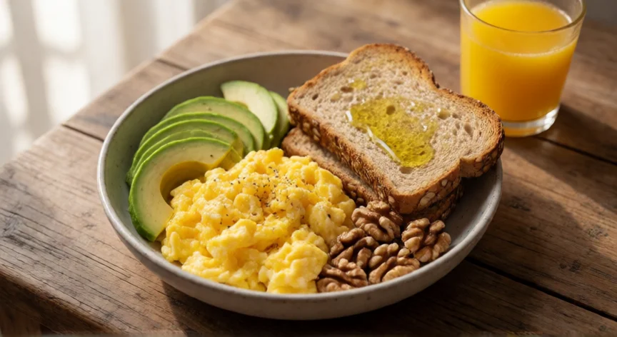 como aumentar tu testosterona, Desayuno con huevos, aguacate, nueces y aceite de oliva para optimizar testosterona