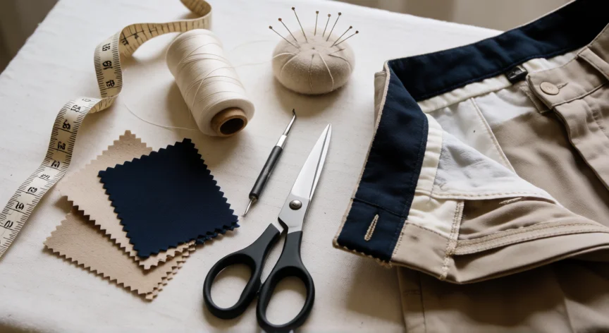 como aumentar un pantalon de la cintura, Materiales de costura sobre mesa con pretina de pantalón abierta sustituyendo el elástico