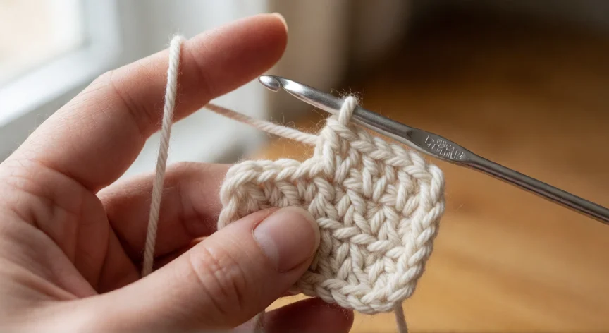 como aumentar un punto en crochet, Manos haciendo un aumento de dos puntos bajos en un mismo punto con ganchillo y lana crema
